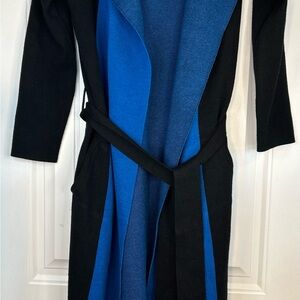 Badgley Mischka Black Blue Duster Sweater Womens Tie Belt w/Pockets L/XL